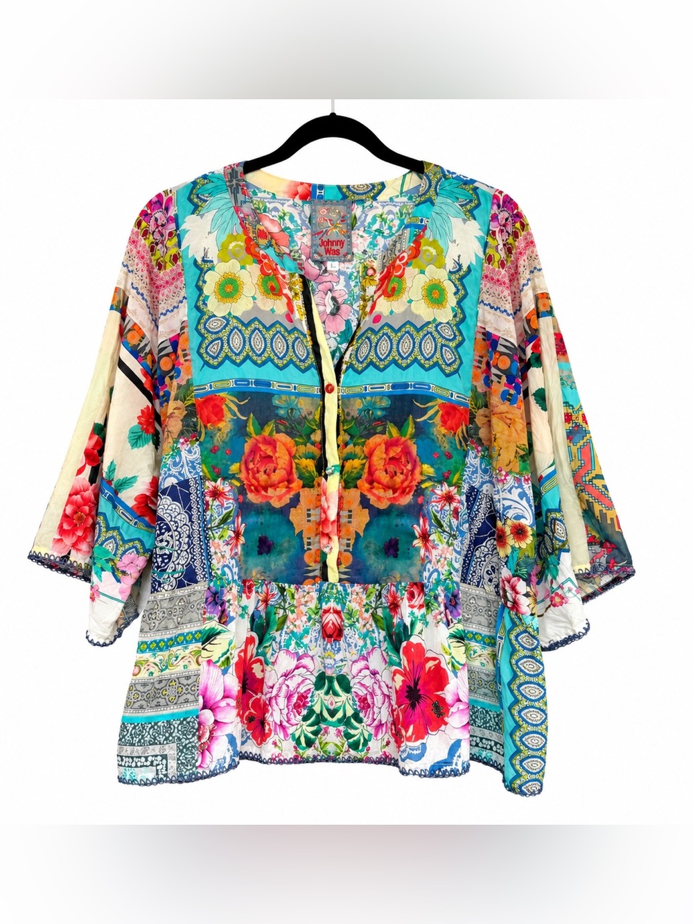 Johnny Was Multicolor Floral Patchwork Boho Blouse